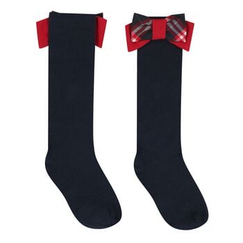 Girls Navy Blue & Red Tartan Bows Socks