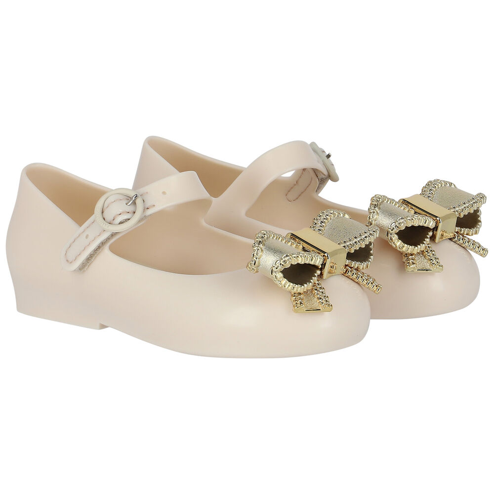 Mini Melissa Younger Girls Beige & Gold Bow Jelly Shoes Junior