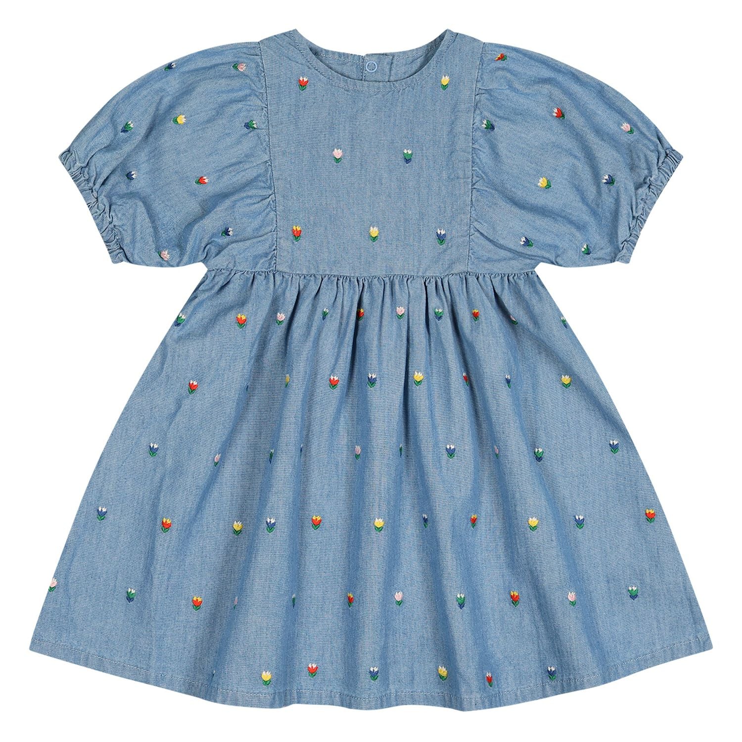 Younger Girls Denim Blue Floral Dress               , 1, hi-res