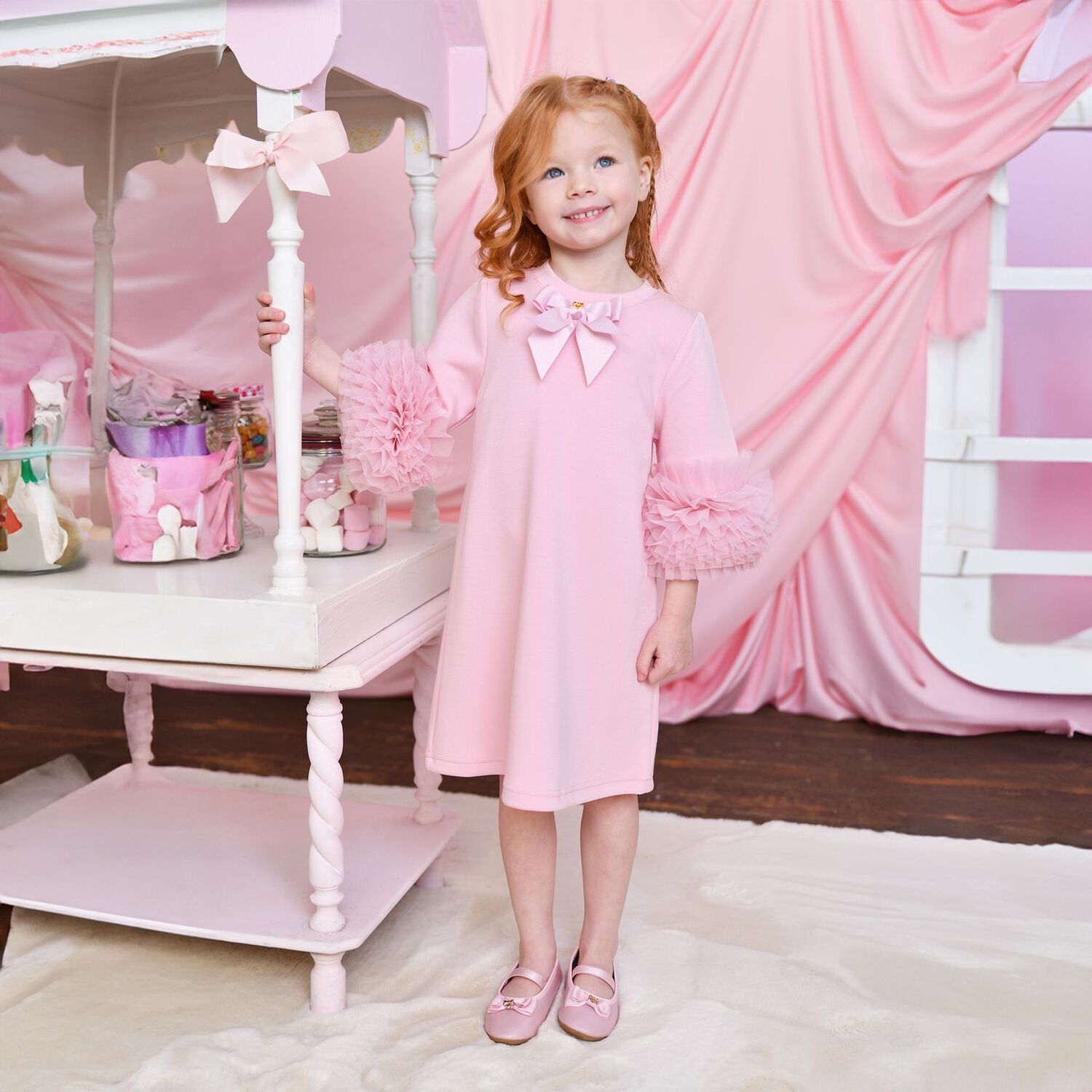 Girls Pink Bow Tulle Ruffle Meryl Dress, 2, hi-res