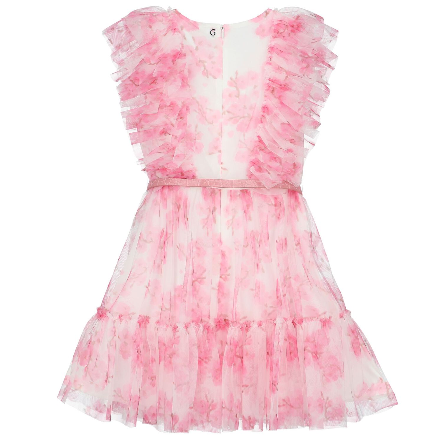 Girls White & Pink Floral Ruffled Dress, 1, hi-res