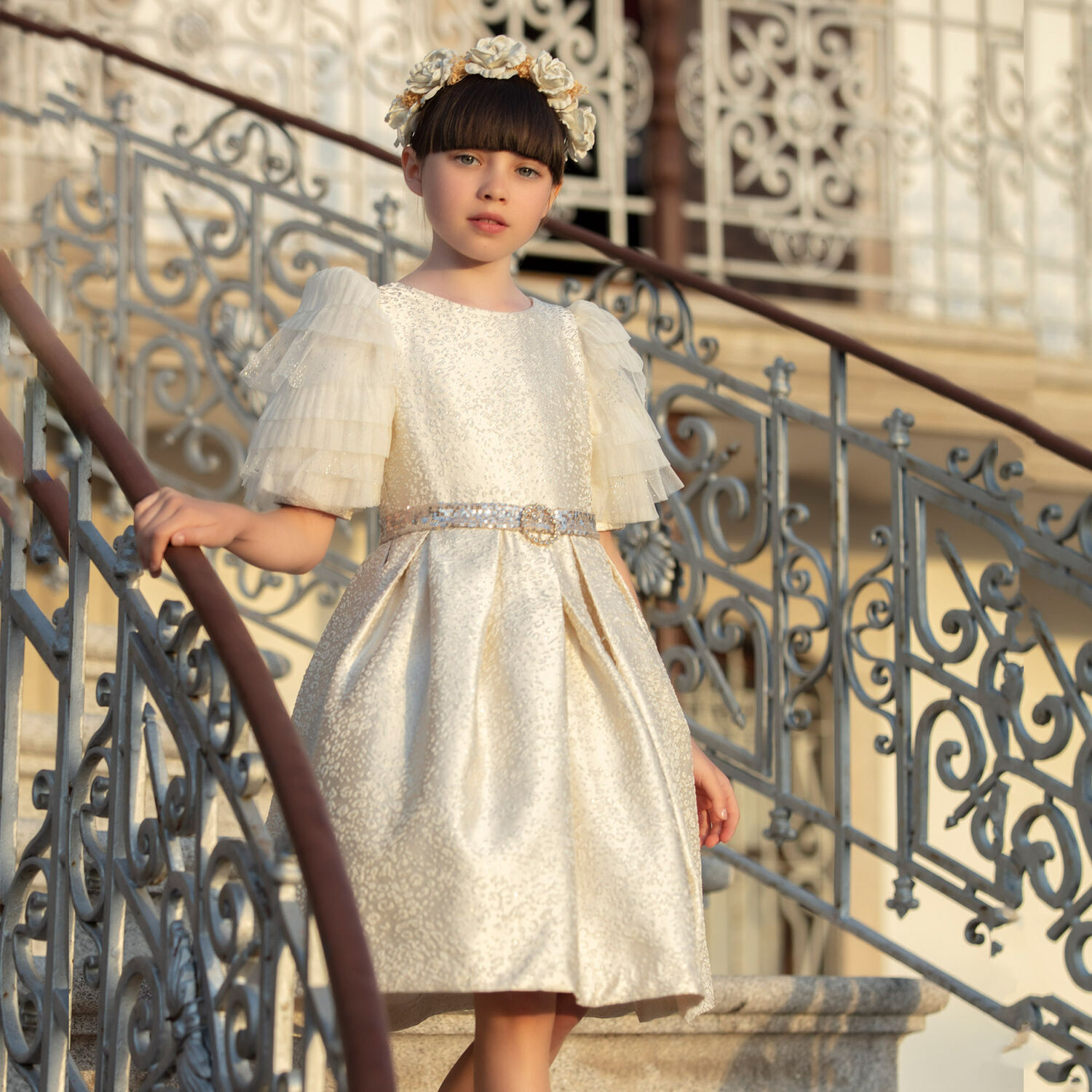 Girls Ivory & Silver Embellished Dress, 1, hi-res image number null