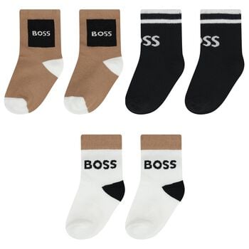 Baby Boys White, Black & Beige Logo Socks ( 3-Pack ) 