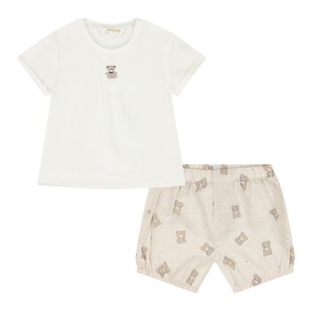 Baby Boys Ivory & Beige Teddy Bear Shorts Set