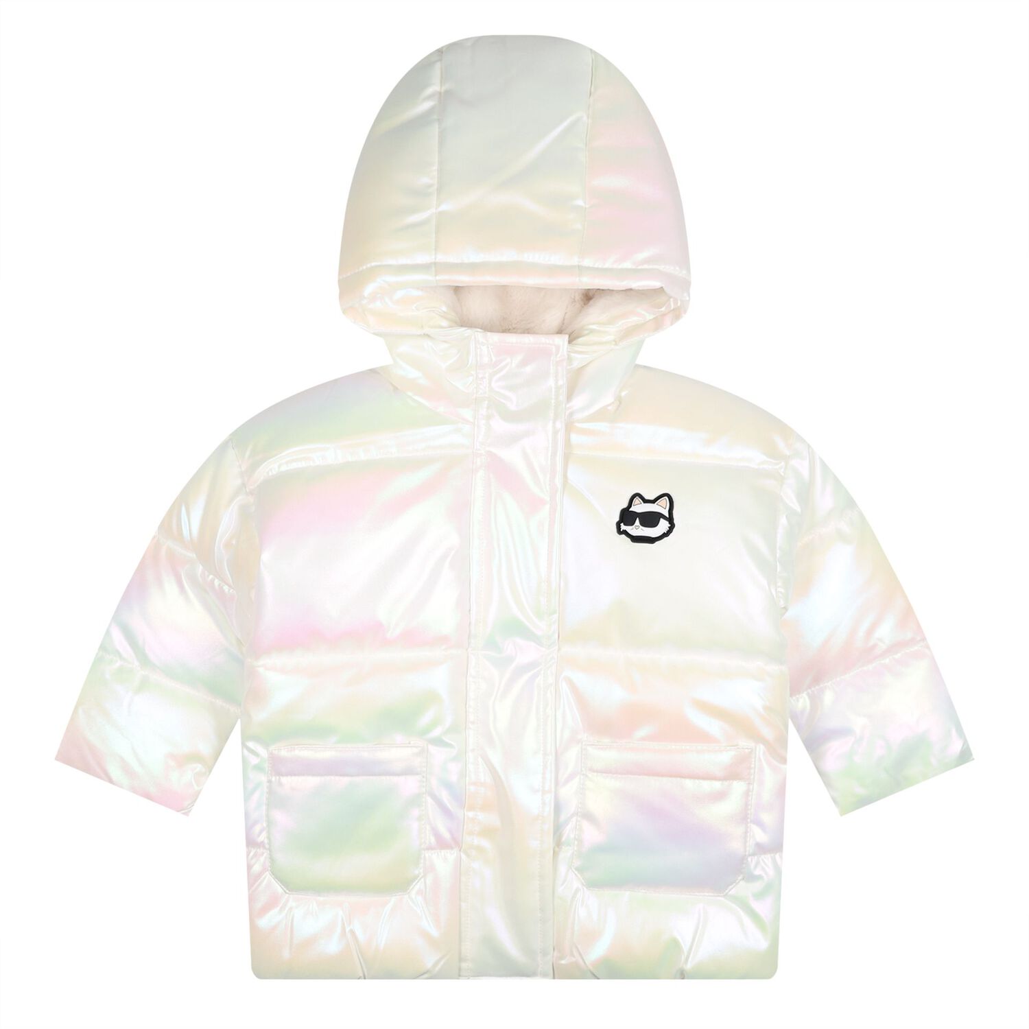 Younger Girls Ivory Iridescent Puffer Jacket, 1, hi-res