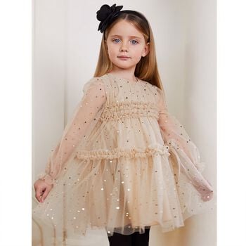 Girls Beige & Gold Star Tulle Dress