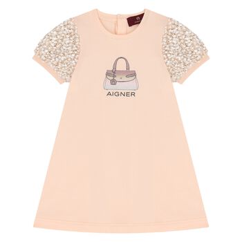 Younger Girls Pale Orange Bag Print Dress