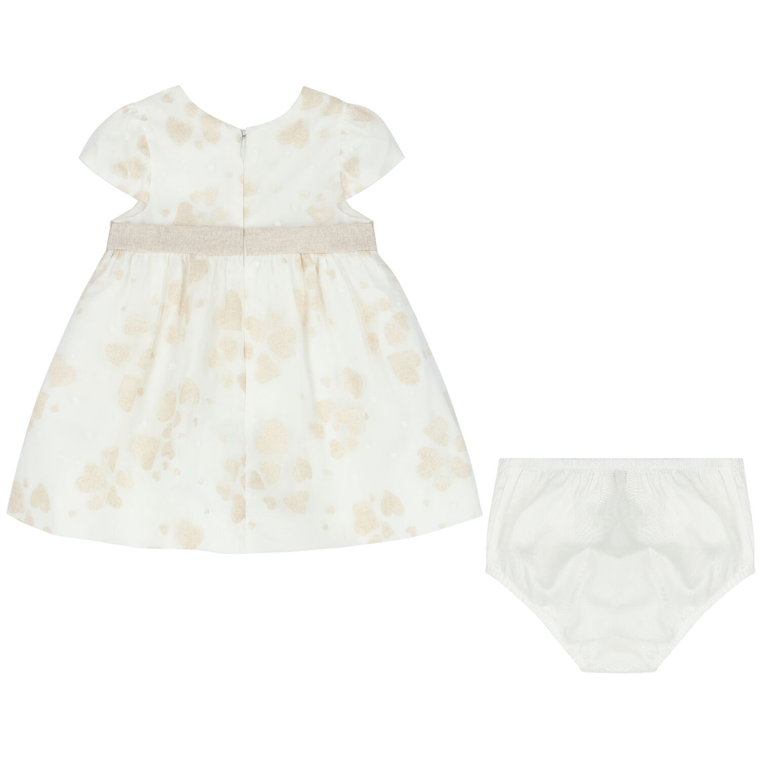 Baby Girls White & Beige Hearts Organza Dress Set, 1, hi-res