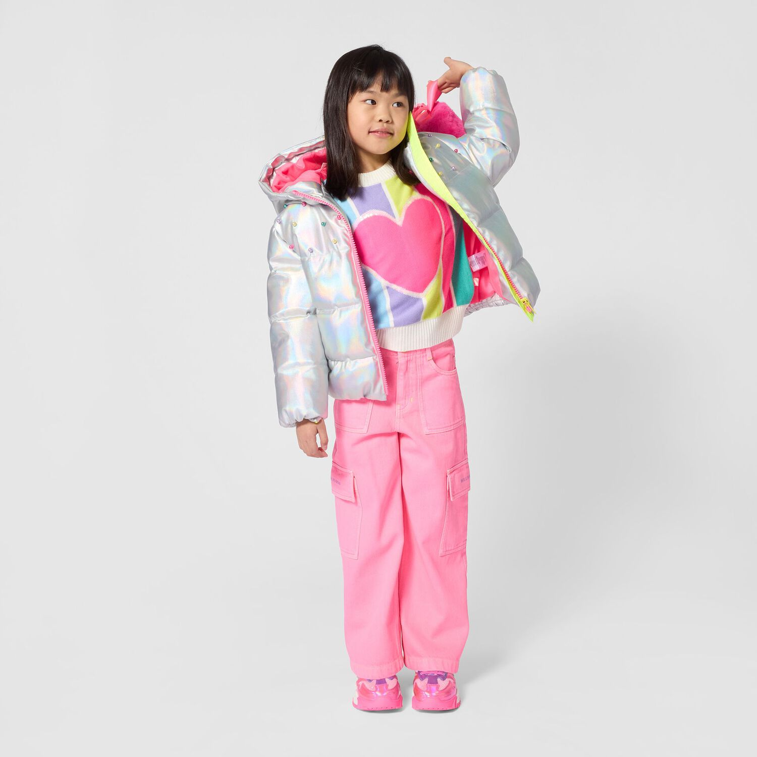 Girls Silver Iridescent Puffer Jacket, 1, hi-res
