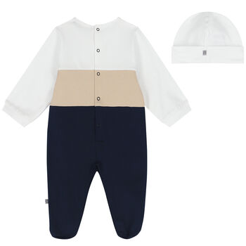 Baby Boys White, Beige & Navy Blue Logo Babygrow Set
