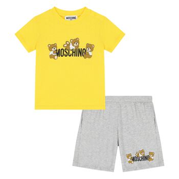 Younger Yellow & Grey Teddy Bear Logo Shorts Set