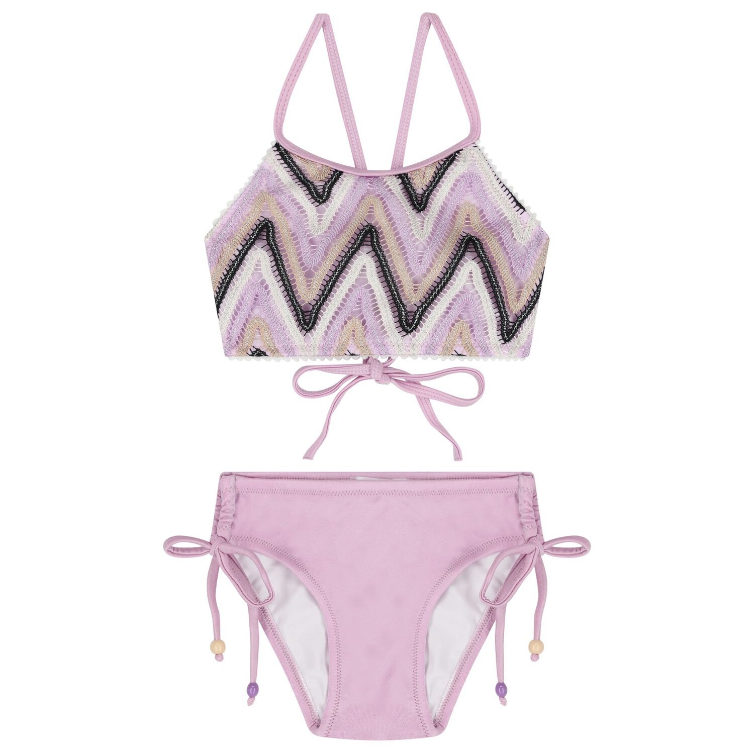 بكينى للبنات كروشيه بشكل متعرج باللون البنفسجى و الاسود والعاجى , 1, hi-res