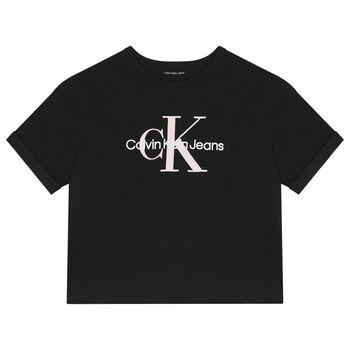 Girls Black Cotton CK Logo T-Shirt