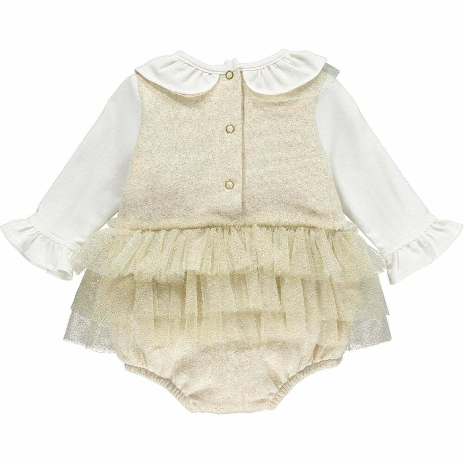 Baby Girls Gold & Ivory Ruffle Romper, 1, hi-res