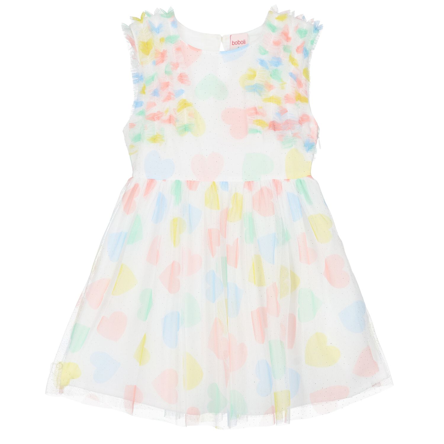 Girls White Tulle Heart Print Dress, 1, hi-res image number null