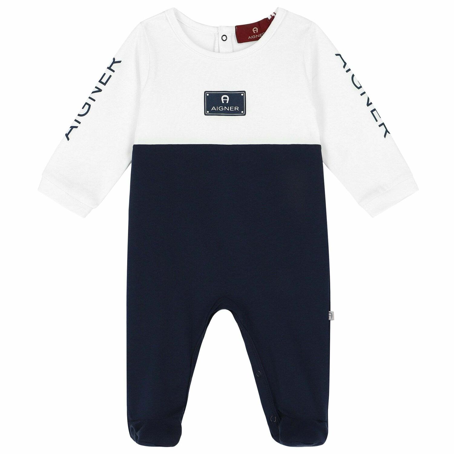 Baby Boys White & Navy Logo Babygrow, 1, hi-res