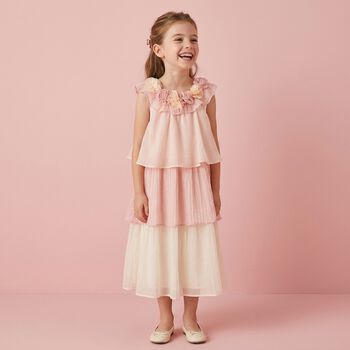 Girls Pink & Ivory Floral Tiered Chiffon Dress