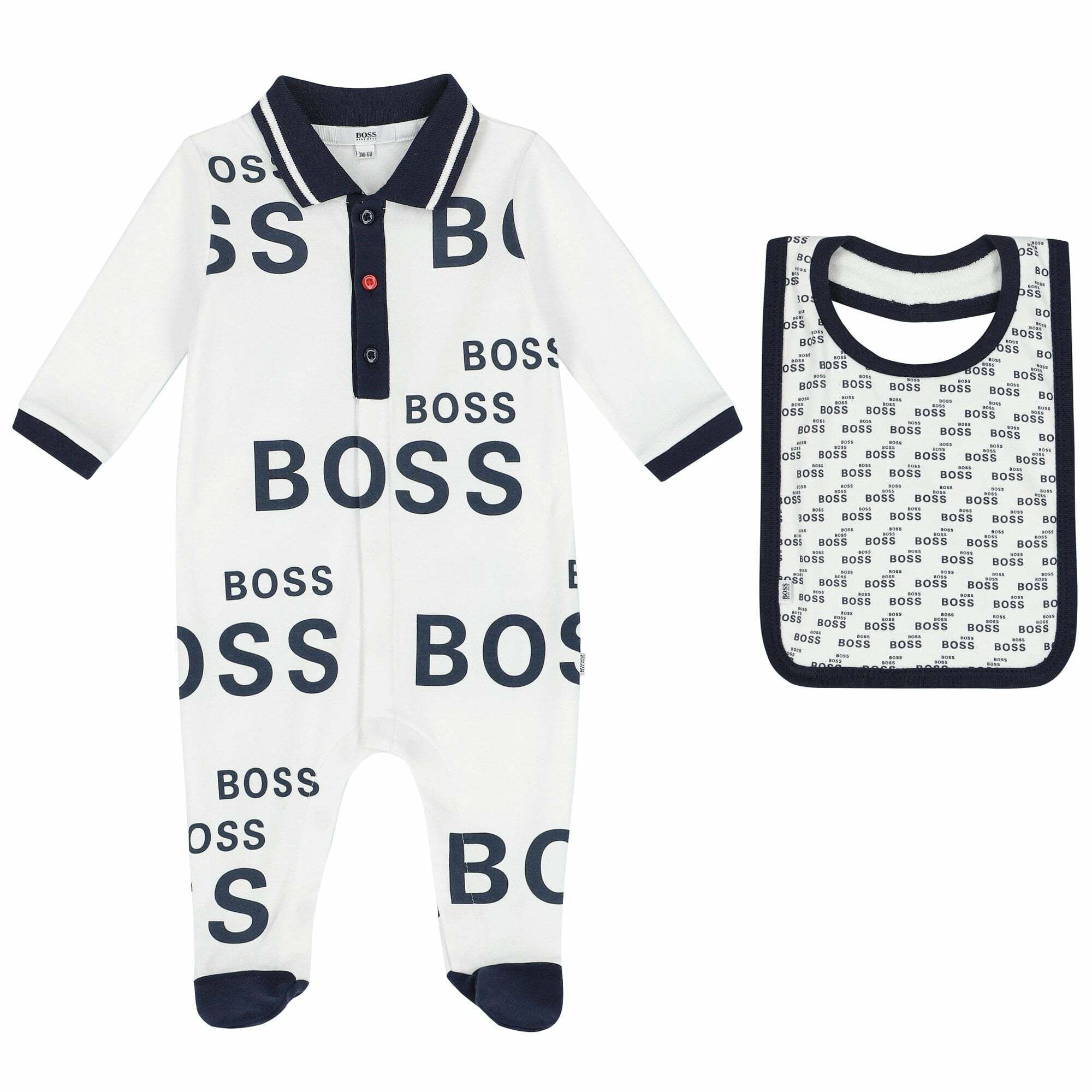 BOSS Baby Boys White Navy Babygrow Bib Gift Set Junior