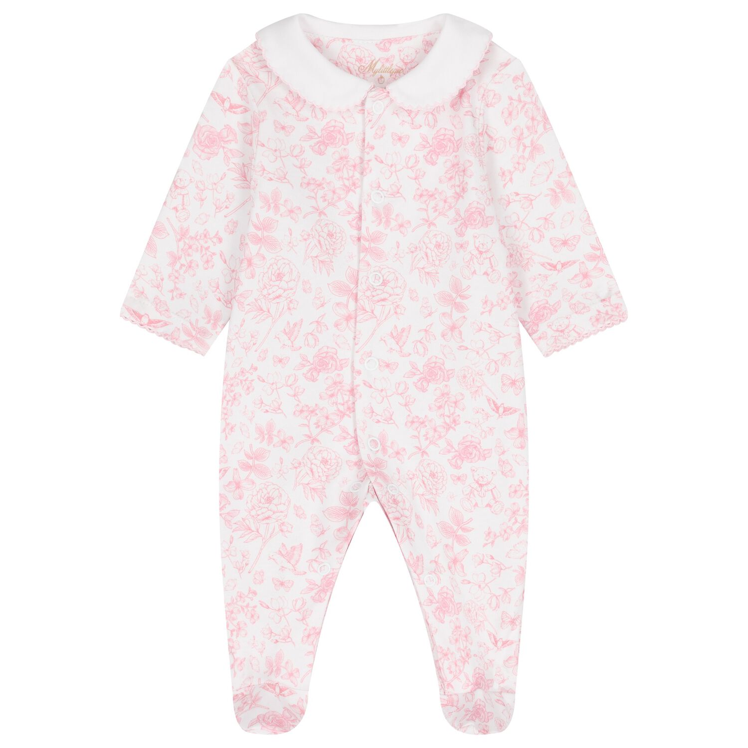 Baby Girls White & Pink Toile de Jouy Babygrow, 1, hi-res image number null