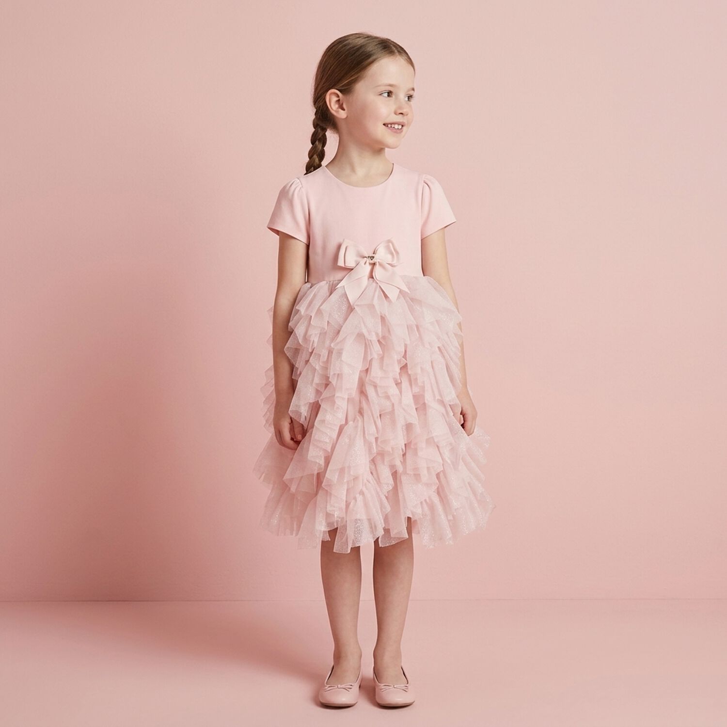 Girls Pink Bow Tulle Dress, 1, hi-res