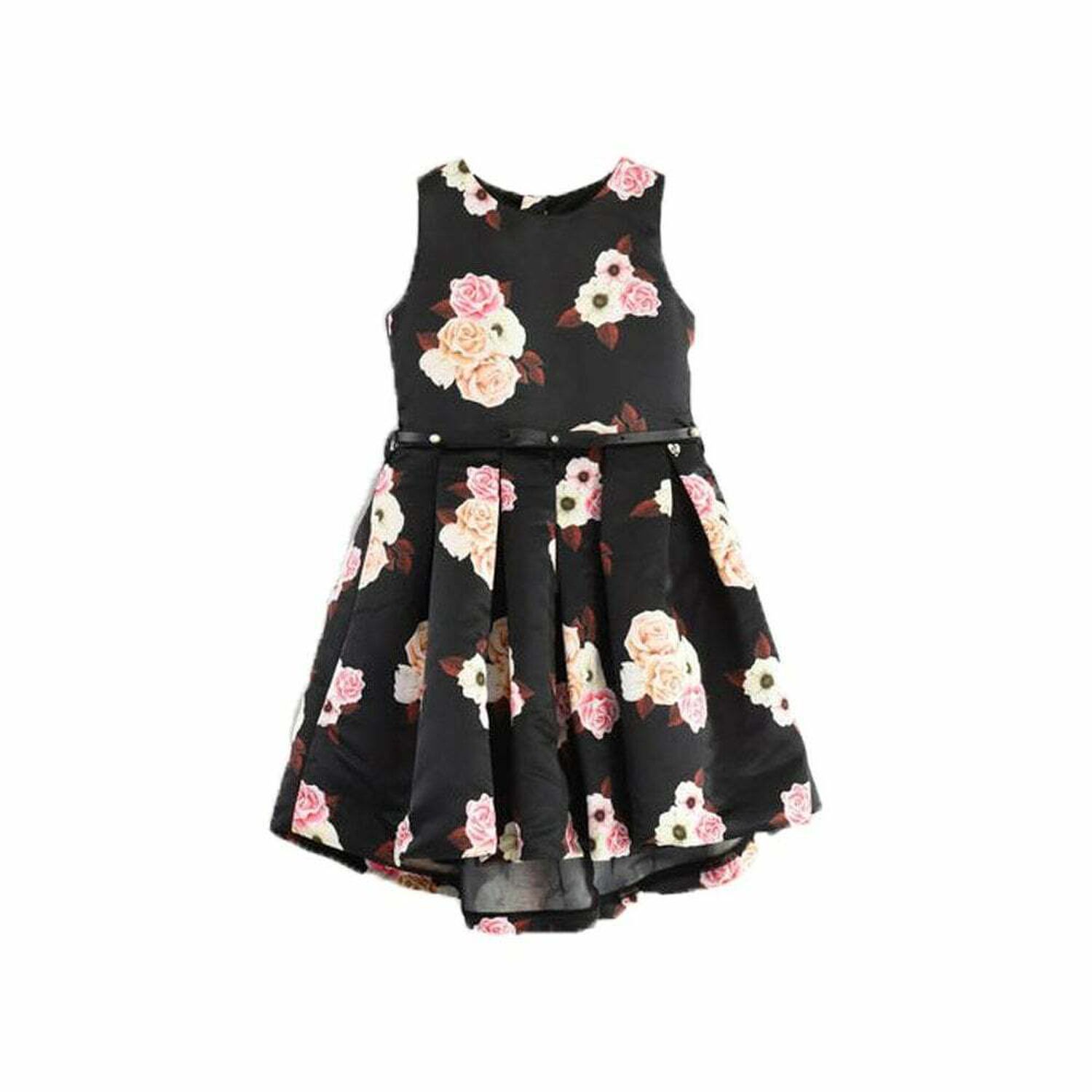 Girls Black Floral Print Dress, 1, hi-res