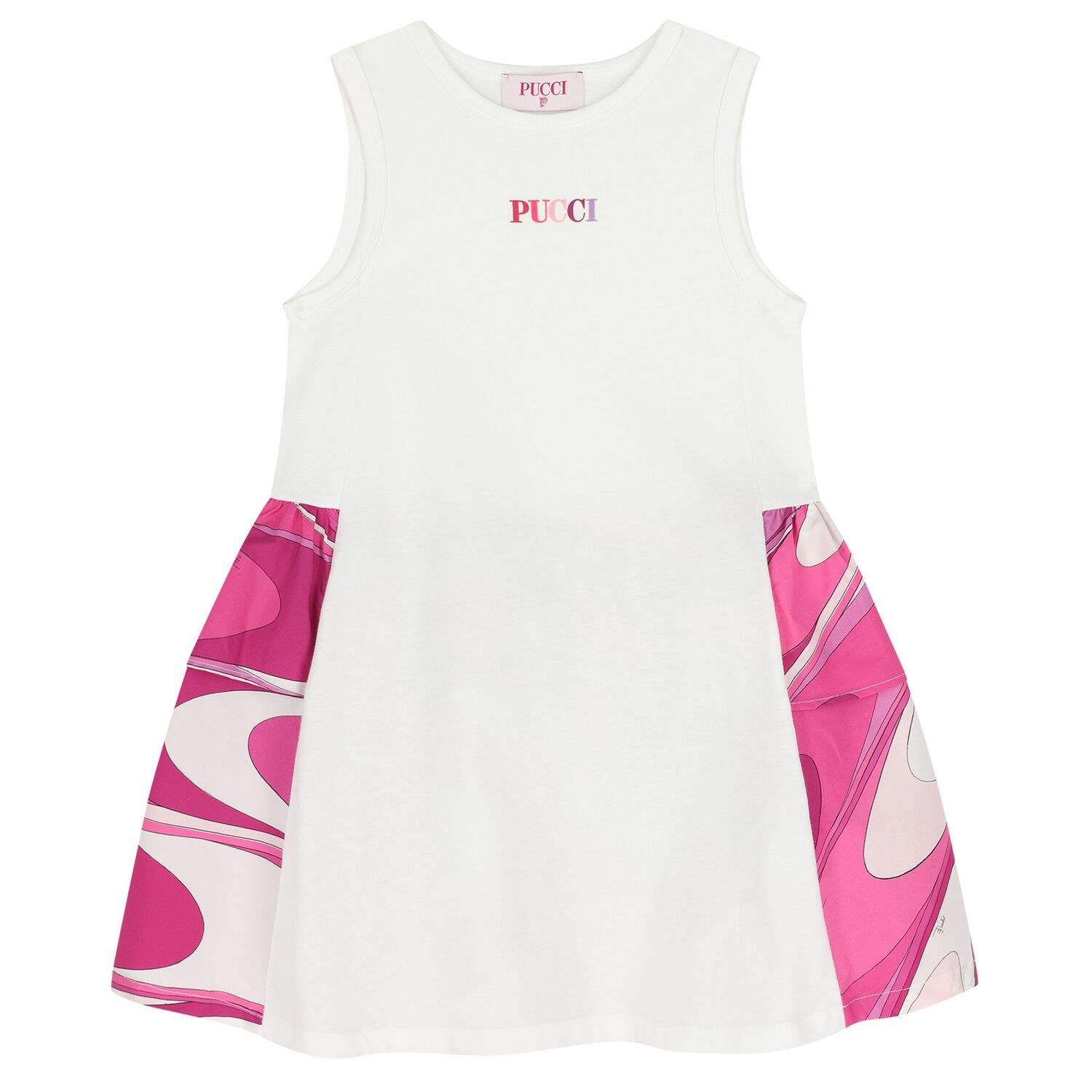 Girls White & Pink Logo Flared Dress , 1, hi-res