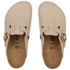 Girls Beige Flower Buckle Leather Clog, 1, hi-res