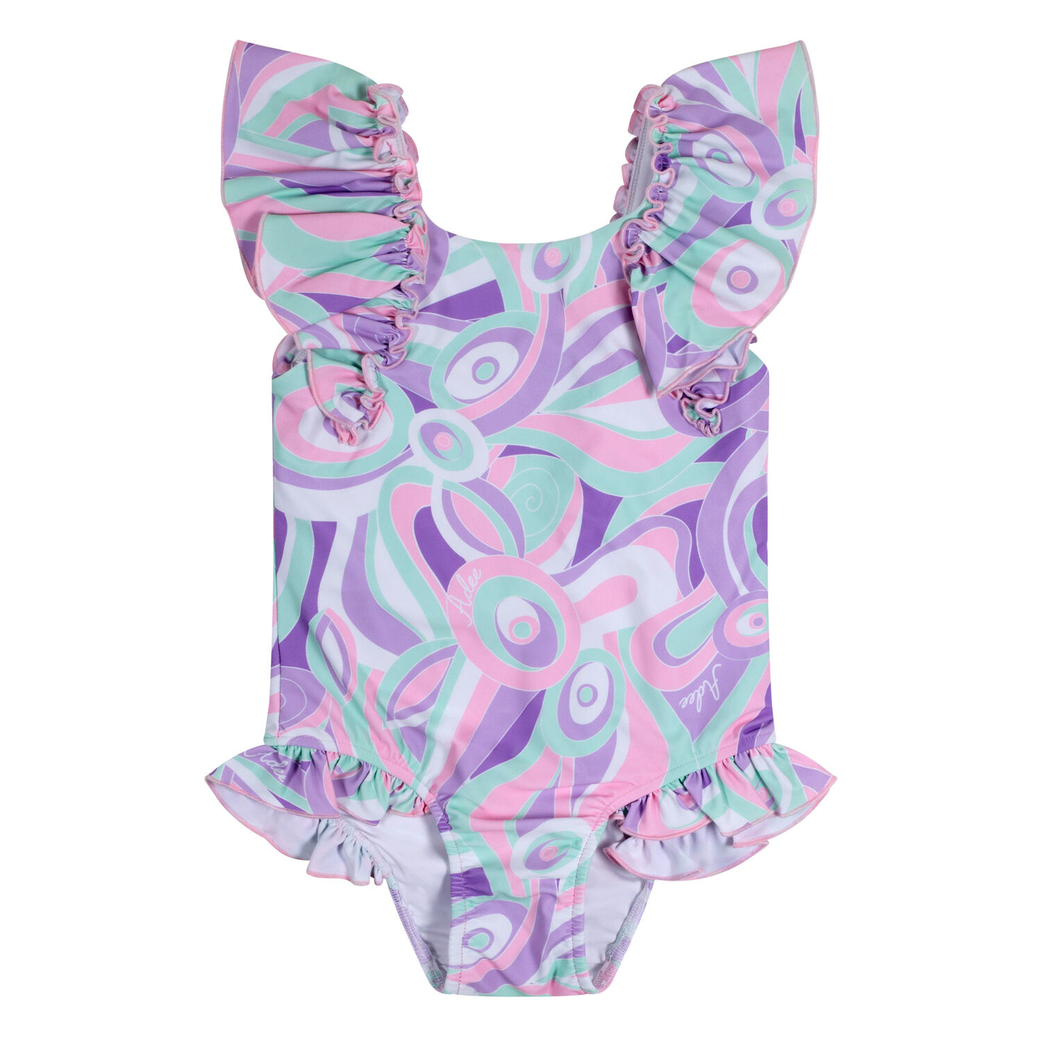 Girls Aqua & Purple Printed Swimsuit, 1, hi-res