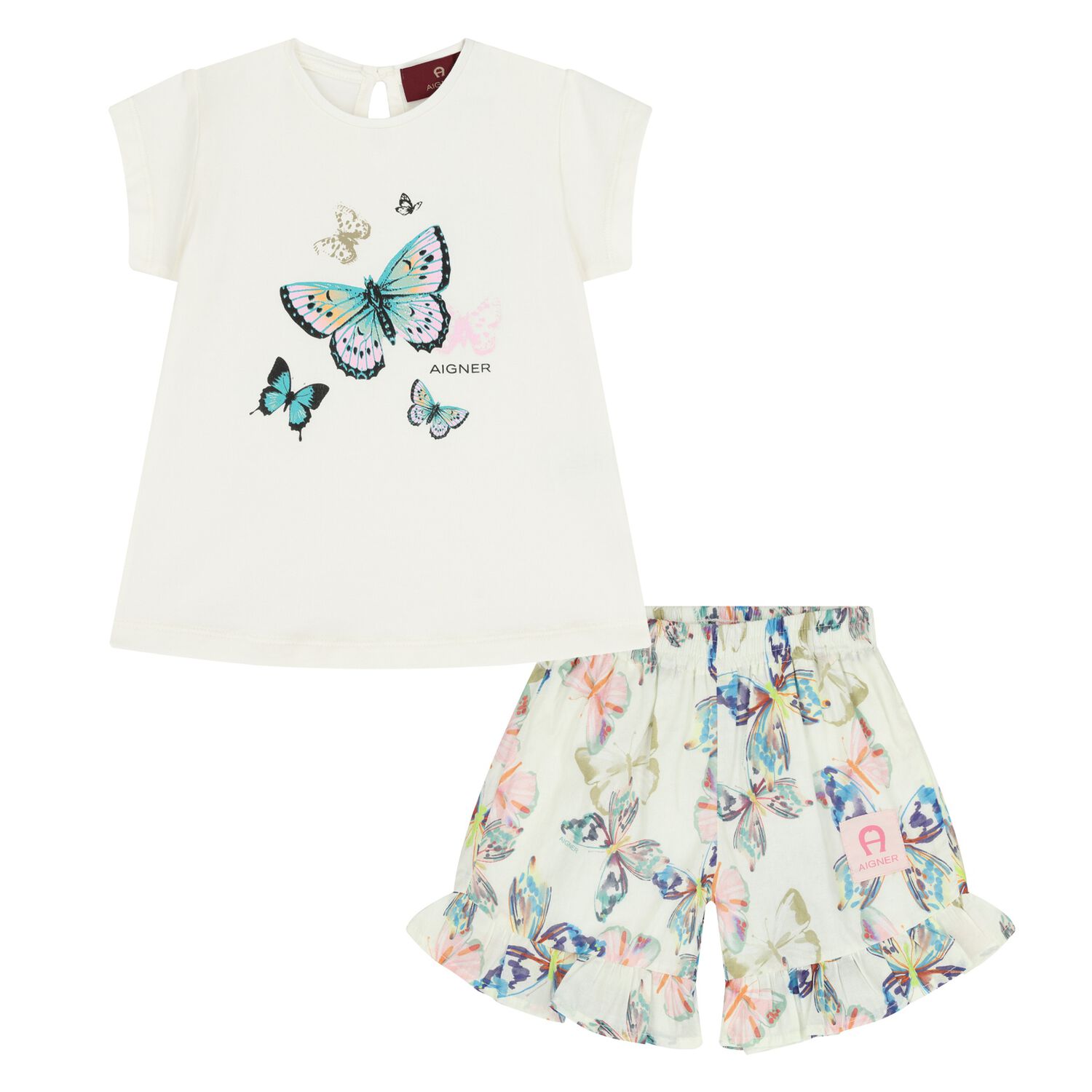 Younger Girls Ivory & Green Butterfly Shorts Set, 1, hi-res