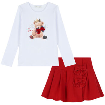 Girls White & Red Teddy Bear Print Skirt Set