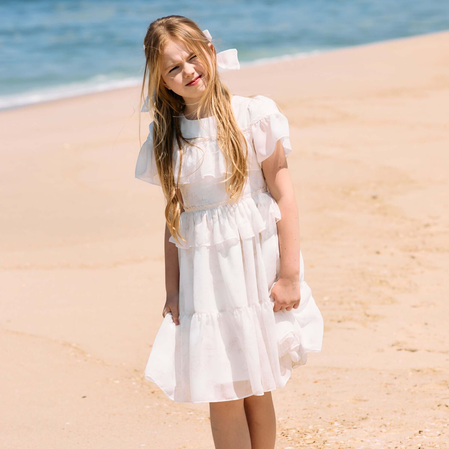 Girls Ivory Floral Tiered Dress, 1, hi-res