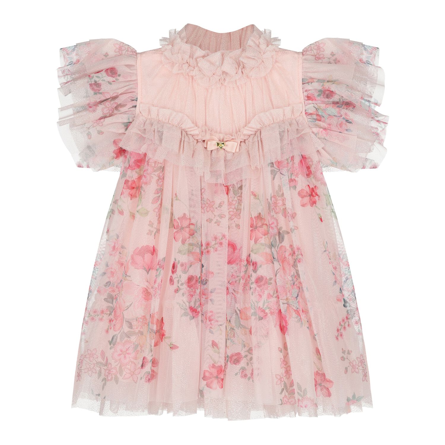 Baby Girls Glittery Pink Floral Tulle Dress , 2, hi-res