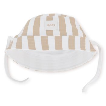 Baby Boys Beige & White Striped Logo Reversible Hat