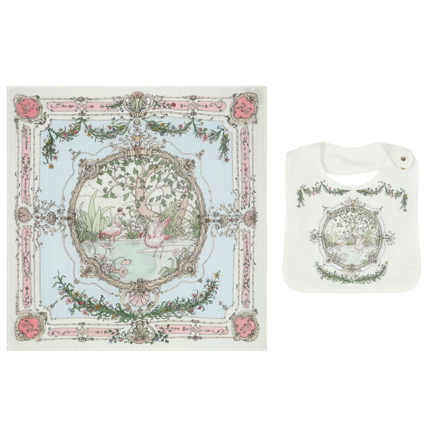 طقم هدية قماط ومريلة مزخرفة باللون العاجى والأزرق, 1, hi-res image number null