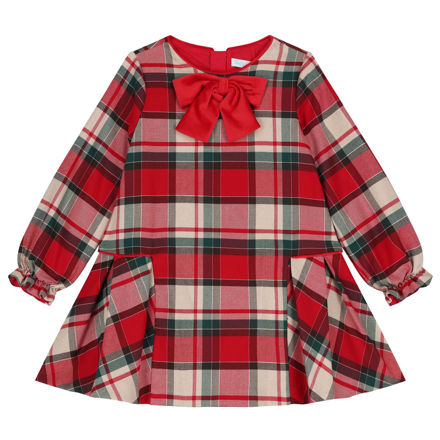 Girls Red Tartan Velvet Bow Dress, 1, hi-res