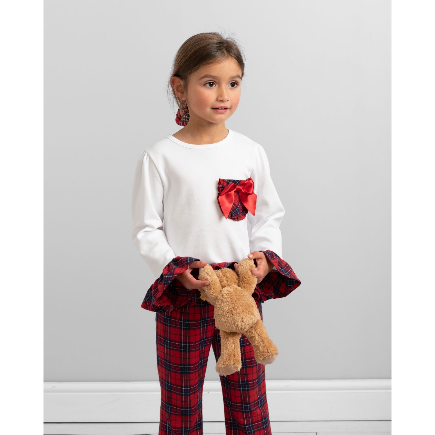 Girls White & Red Tartan Check Pyjamas, 1, hi-res image number null