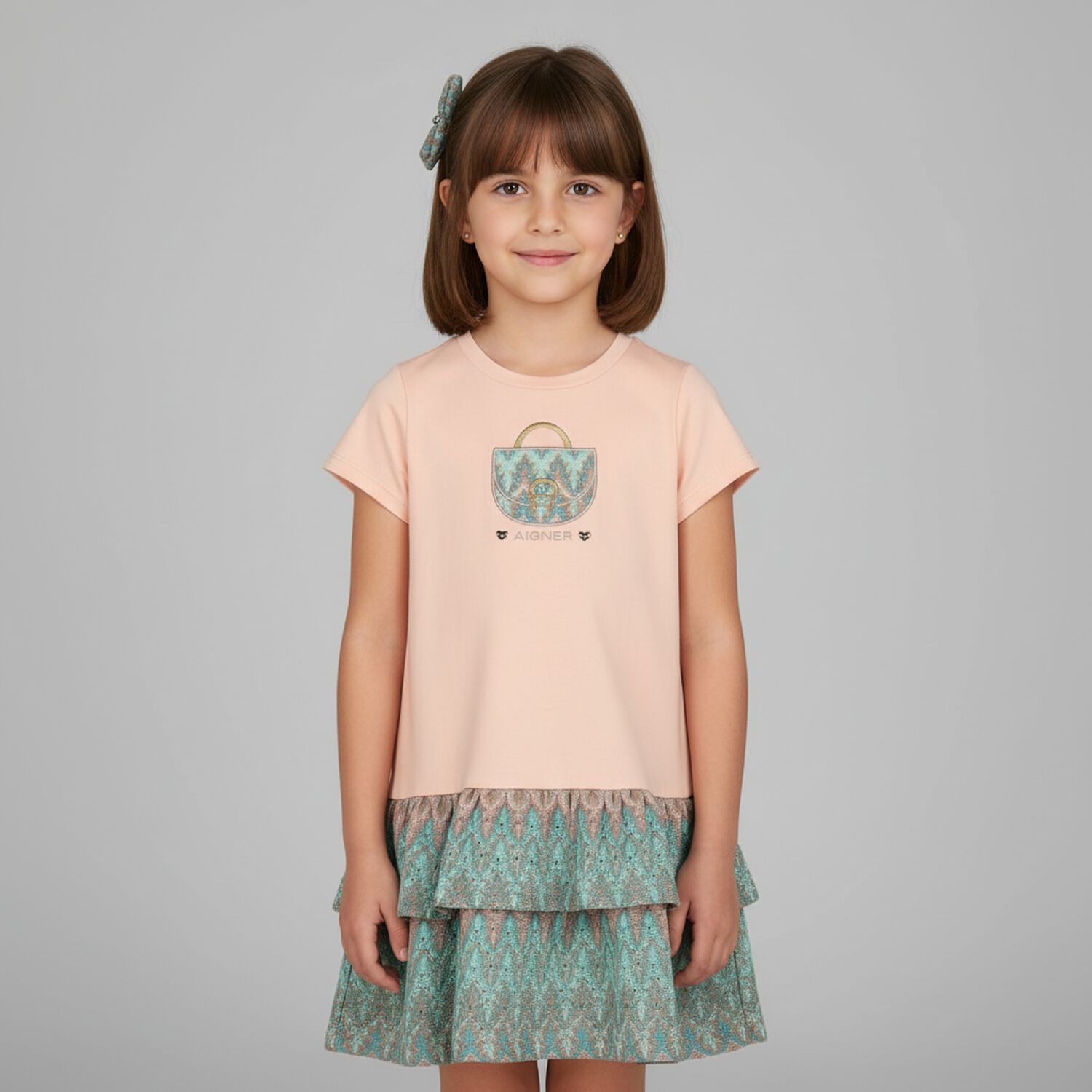 فستان بنات بطبعة حقيبة بالشعار باللون الوردى, 1, hi-res image number null