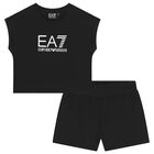 Girls Black Logo Shorts Set, 1, hi-res