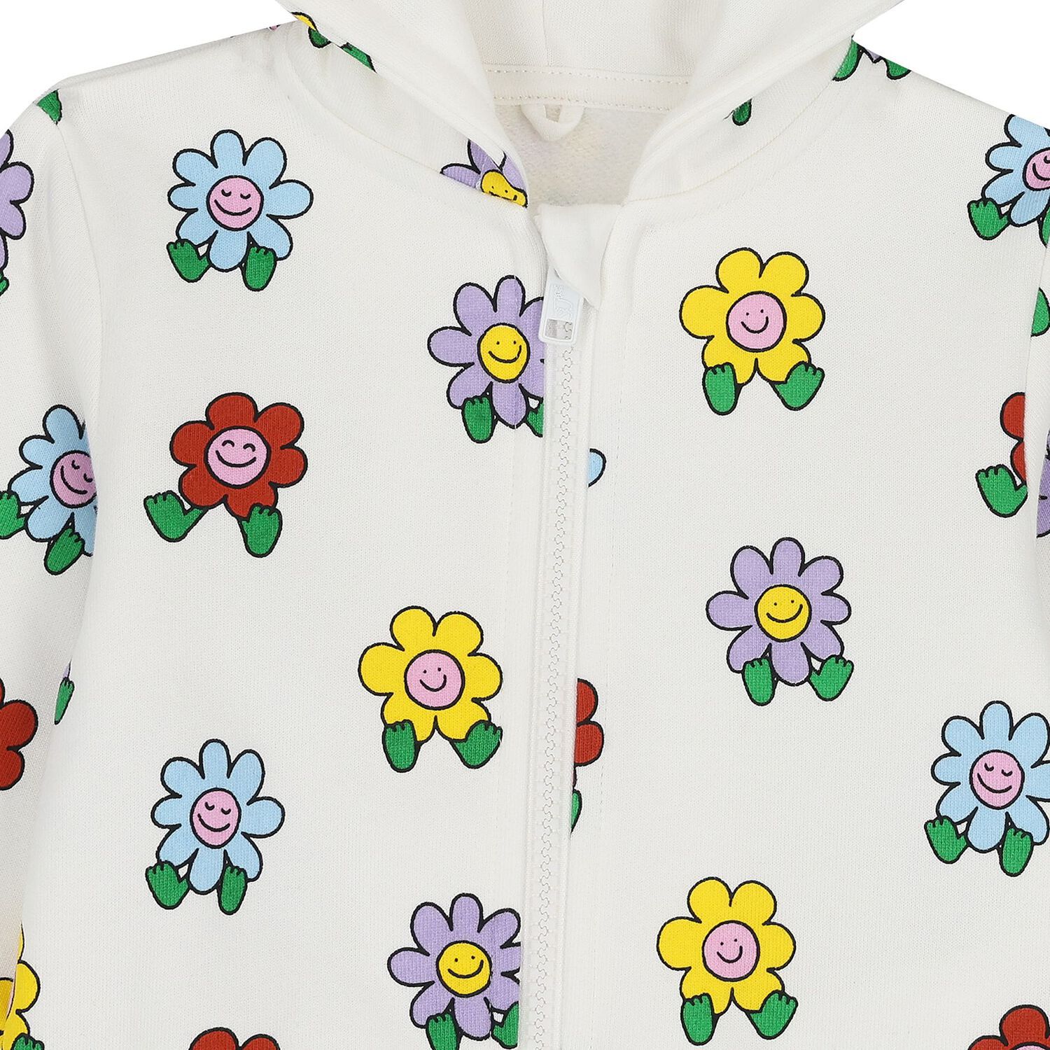 سويت شيرت بغطاء للراس وسحاب للبنات مزين بالزهور باللون العاجى , 1, hi-res