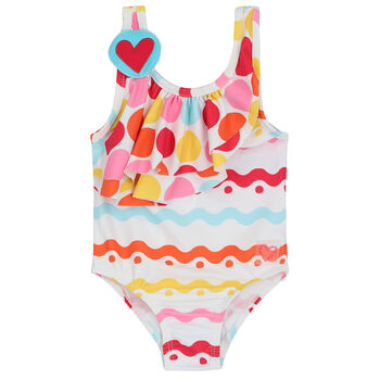 Girls White Squiggle Swimsuit
