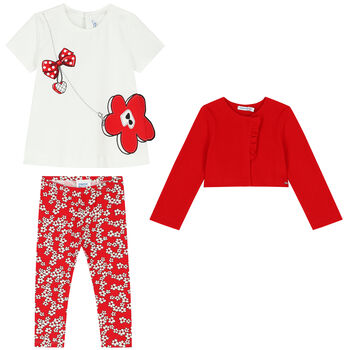 Younger Girls White & Red Floral Leggings Set (3 Piece)