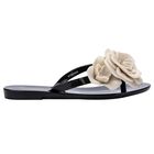 Girls Black & Beige Logo Flower Flip Flops, 2, hi-res