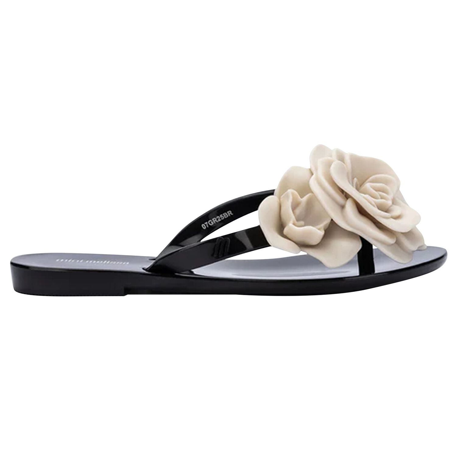 Girls Black & Beige Logo Flower Flip Flops, 2, hi-res