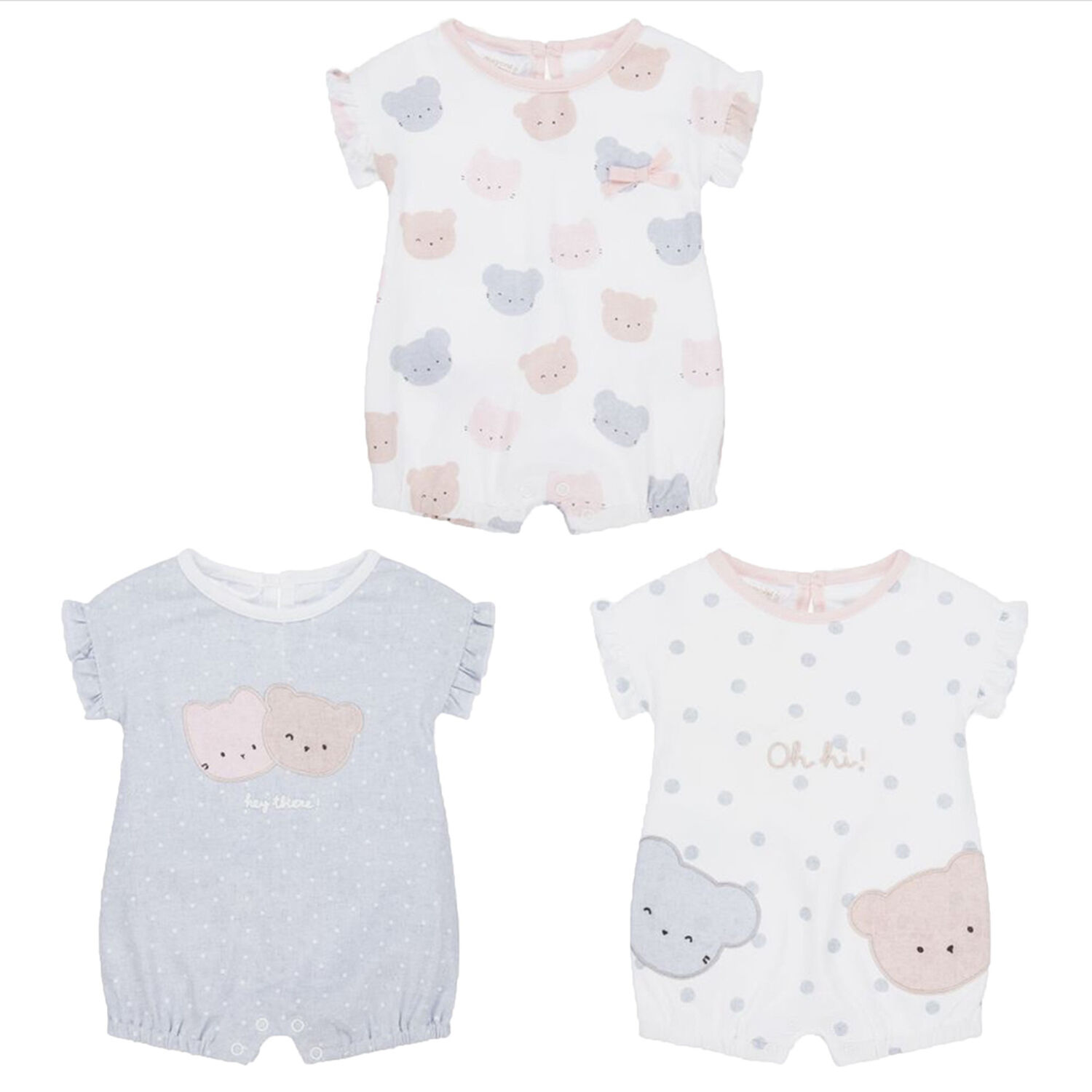 Baby Girls White & Grey Rompers (3 Pack), 1, hi-res