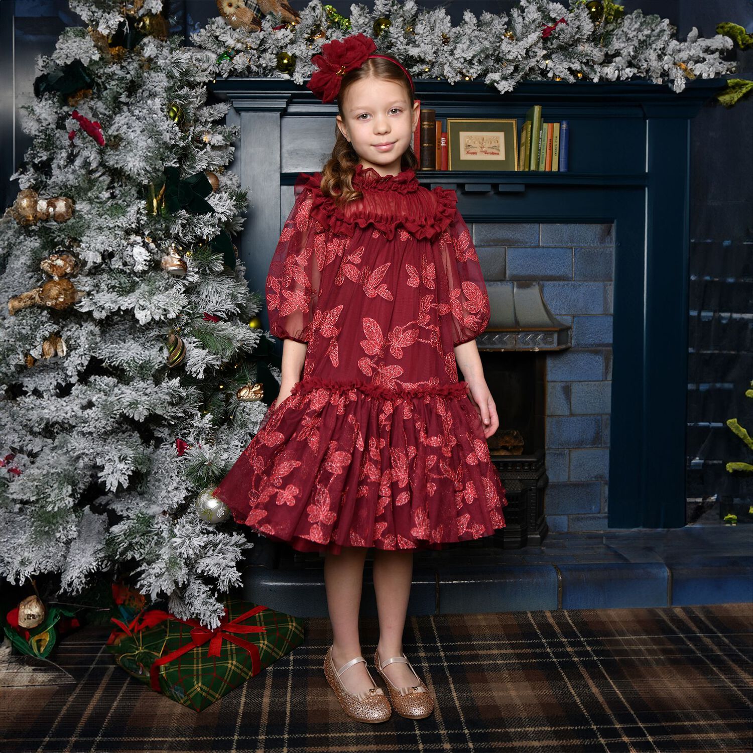 Girls Burgundy Leaf Embroidery Tulle Myrtisa Dress, 3, hi-res