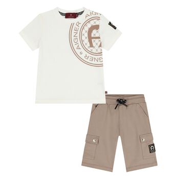 Younger Boys Ivory & Beige Logo Shorts Set