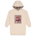 Girls Beige Embellished Cherry Hooded Sweatshirt Dress, 1, hi-res