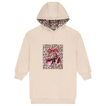 Girls Beige Embellished Cherry Hooded Sweatshirt Dress