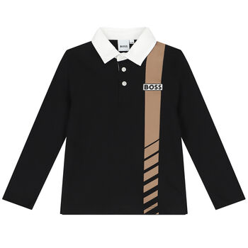 Boys Black Logo Long Sleeve Polo Shirt