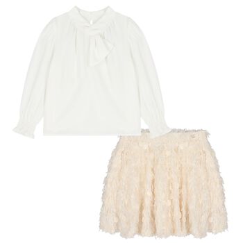 Girls White & Beige Embellished Skirt Set 